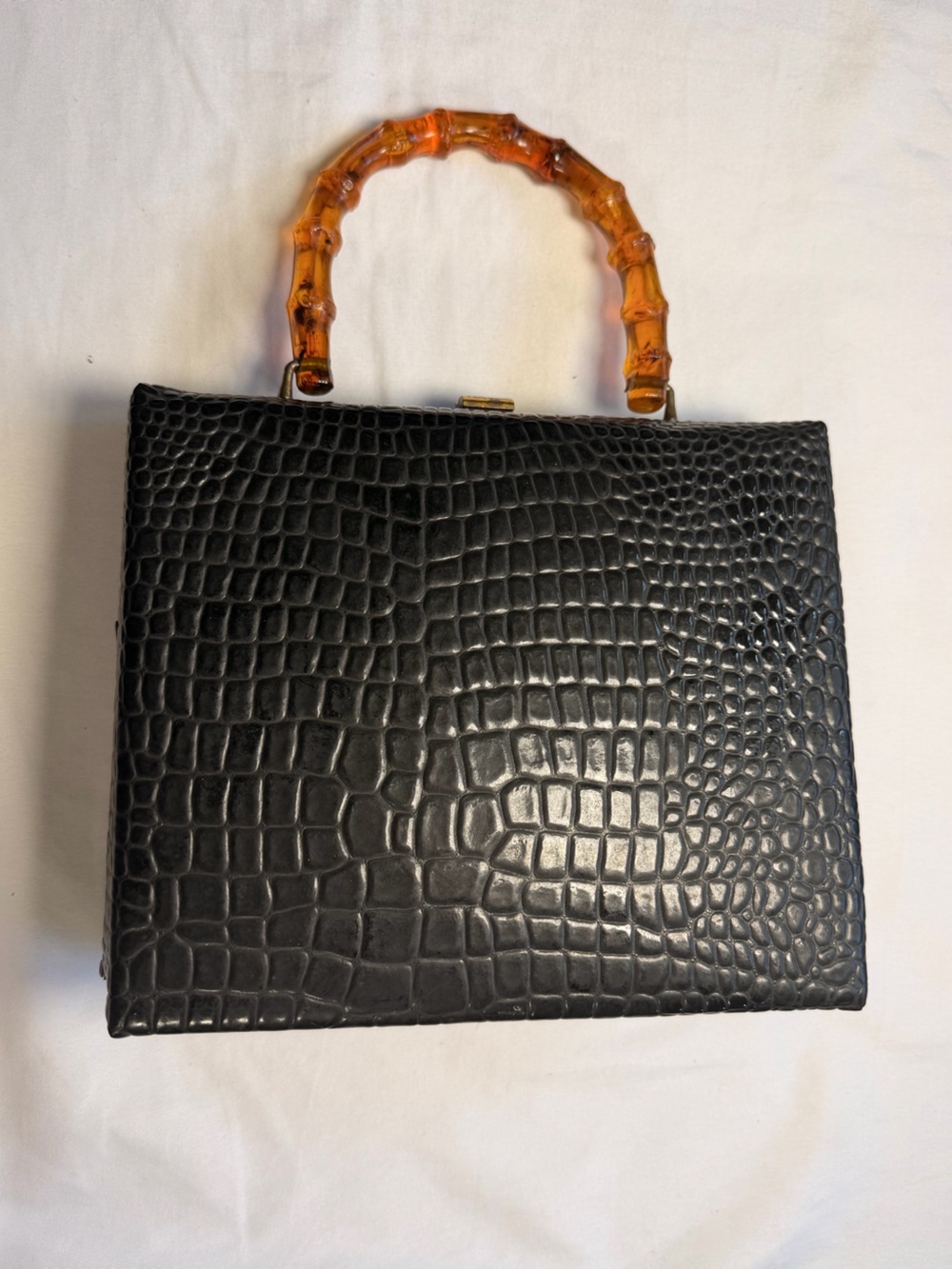 Vintage 1950’s Dover Black Croc-Embossed Handbag with Amber Handles